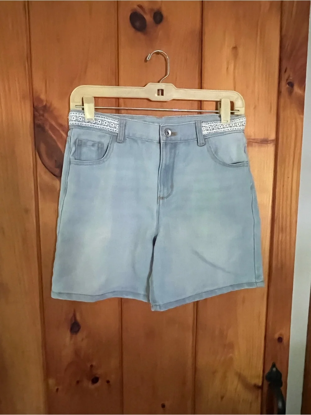 Girls Light Wash Denim Bermuda Shorts with Embroidered Waist Trim